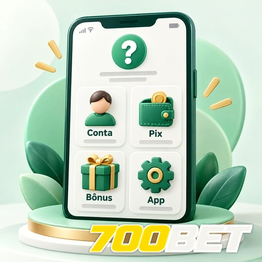 700BET — ilustração de celular com categorias de ajuda sobre conta, Pix, bônus e aplicativo