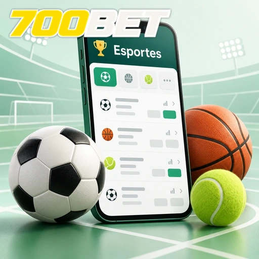 700BET — ilustração de aplicativo esportivo com bolas de futebol, basquete e tênis