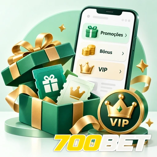 700BET — ilustração de presentes, promoções e símbolo VIP ao lado de um celular