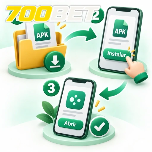700BET — ilustração das etapas de baixar, instalar e abrir um APK no celular