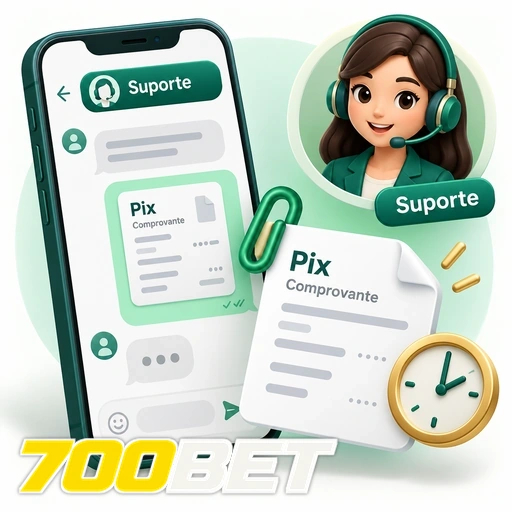 700BET — ilustração de atendimento por chat com comprovante Pix e relógio