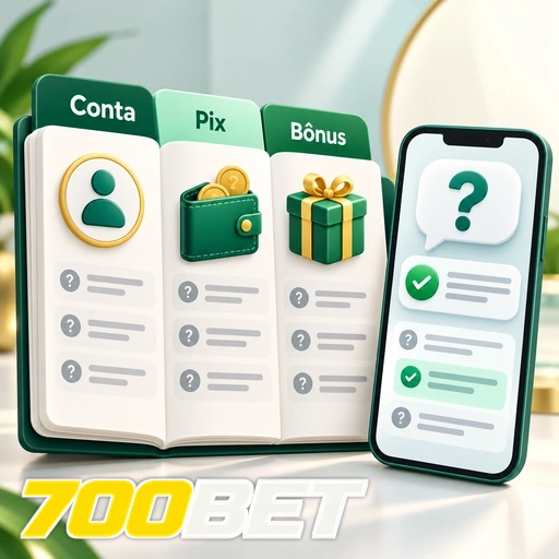 700BET — ilustração de ajuda sobre conta, Pix e bônus em telas de celular