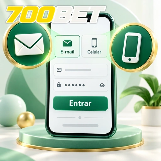 700BET — ilustração de login no celular com opções de e-mail e número de telefone