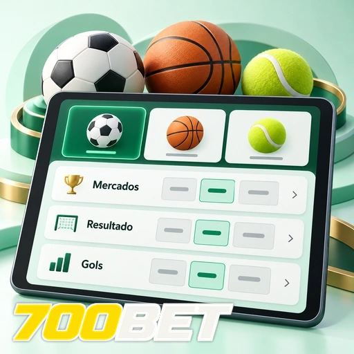 700BET — ilustração de mercados esportivos em tablet com bolas de diferentes esportes