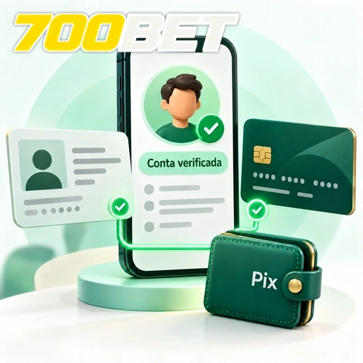 700BET — ilustração de verificação de conta com documento de identidade, cartão e carteira Pix